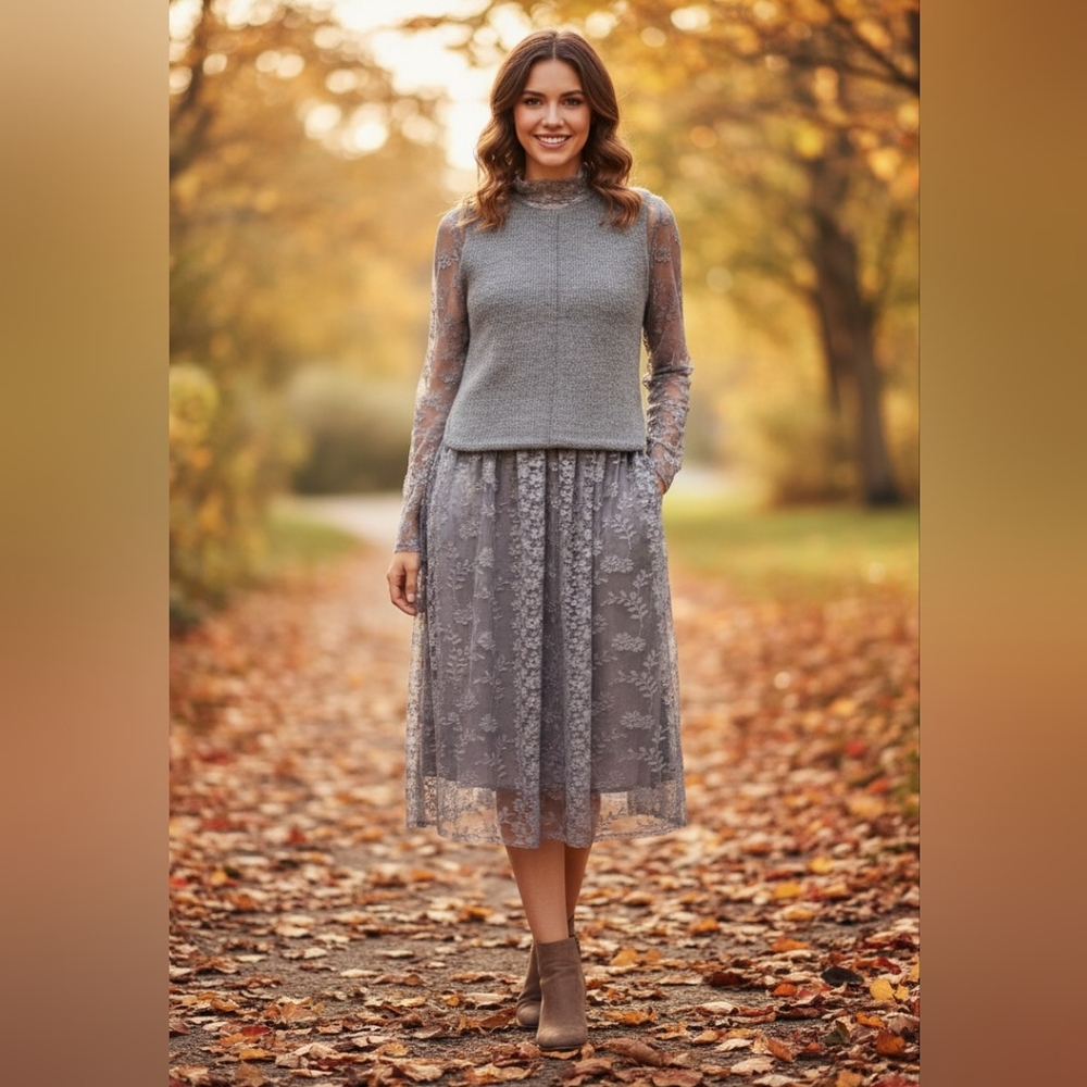 Elegant Gray Floral Lace Dress